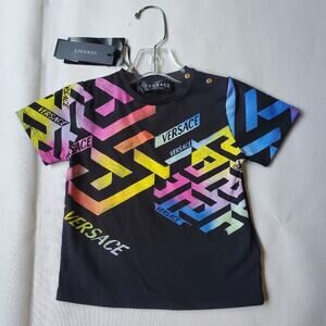 NWT$230 VERSACE Kids Black La Greca Logo 100% Cotton Tshirt Top Sz 18-24 Months